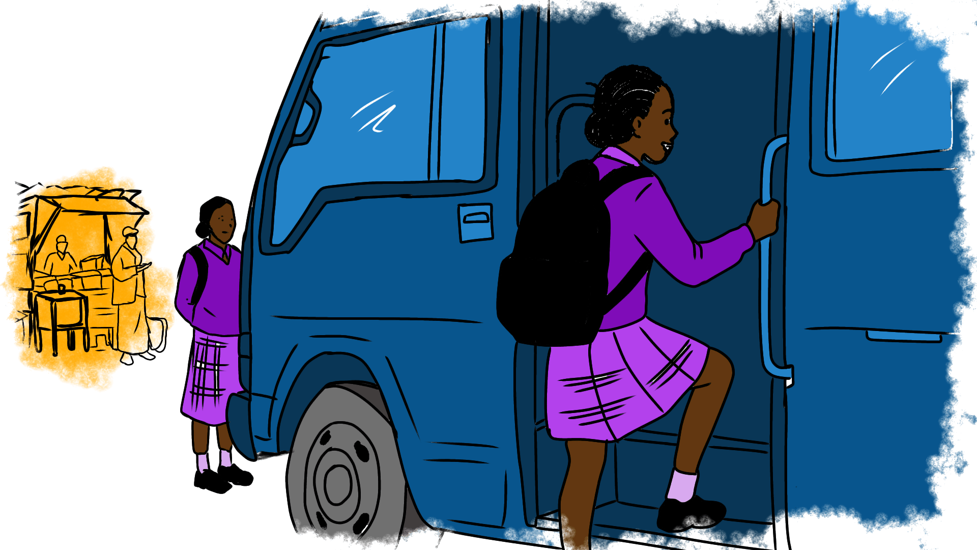 Illustration of a young girl with a black backpack boards an Eldoret Express bus at a busy terminus