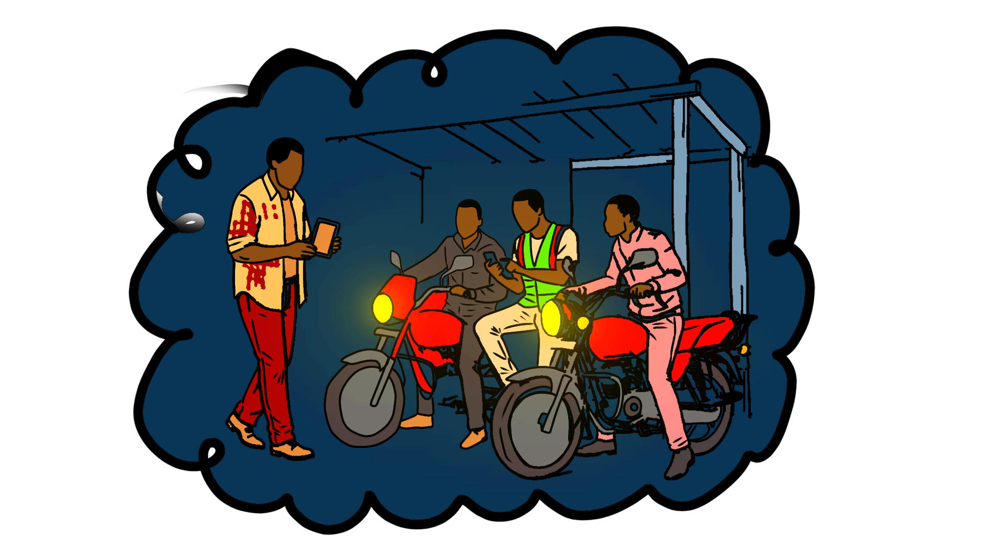 Illustration of David walking around the main stage talking to all the boda boda riders asking if they recognize the man in CMM’s facebook account.