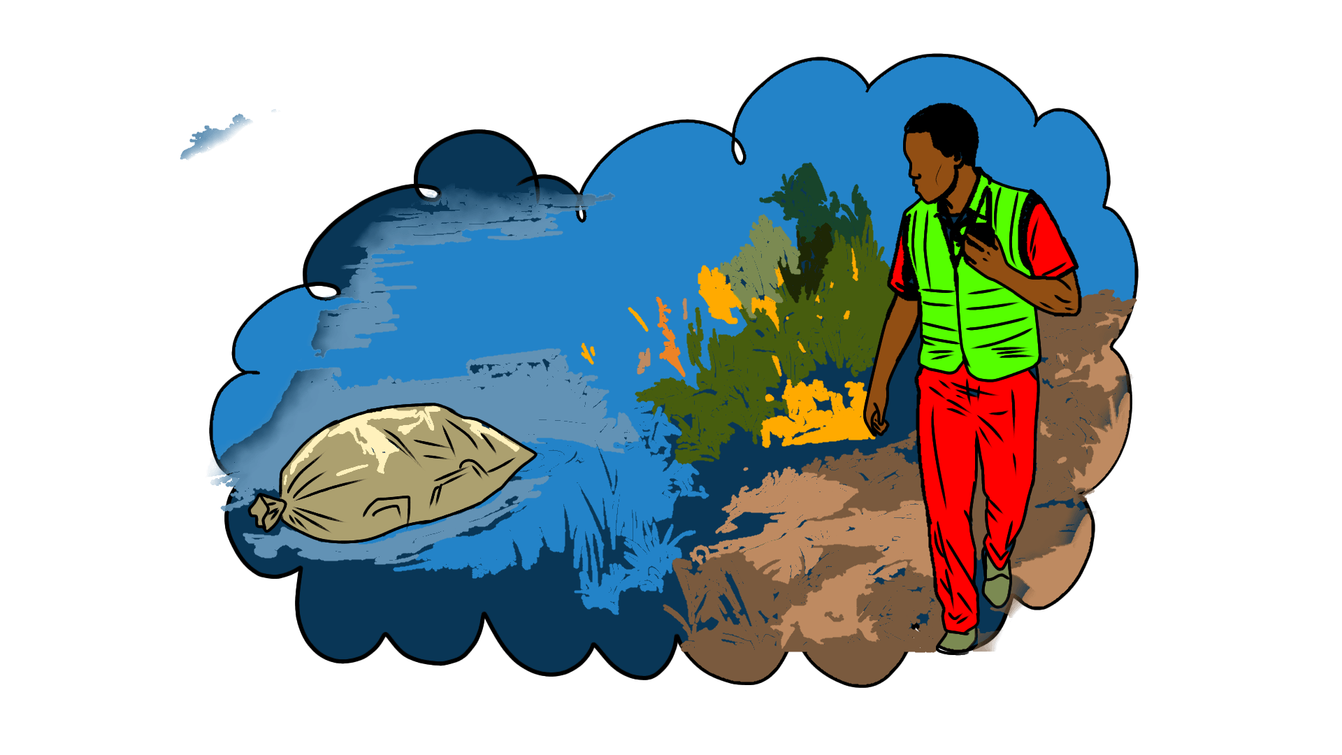 Illustration of a security guard walking past a river bank when he notices a black polythene bag by the river floating and gets curious to pull it out.