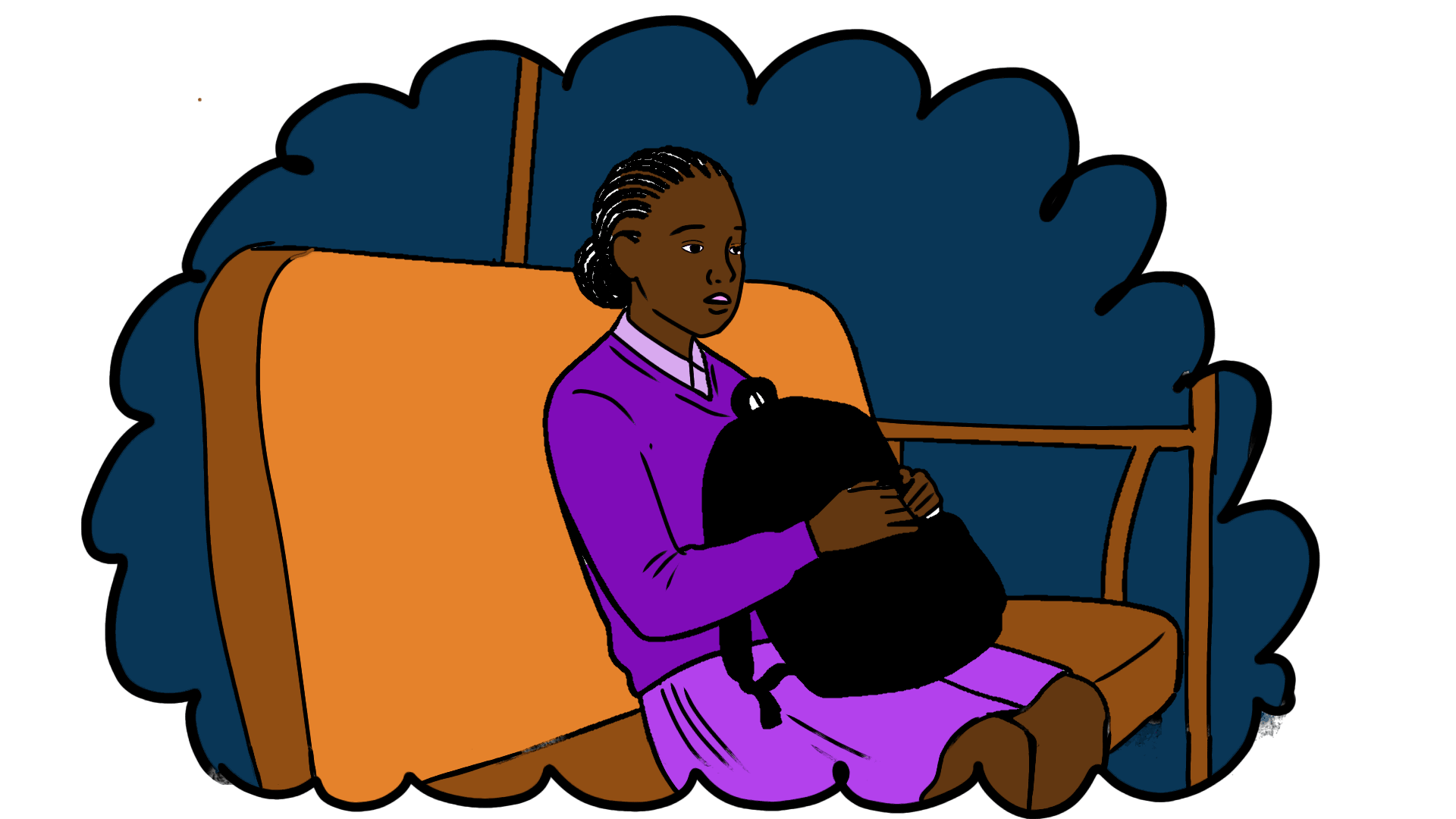 Illustration of the girl is sitting in her chair, holding the backpack