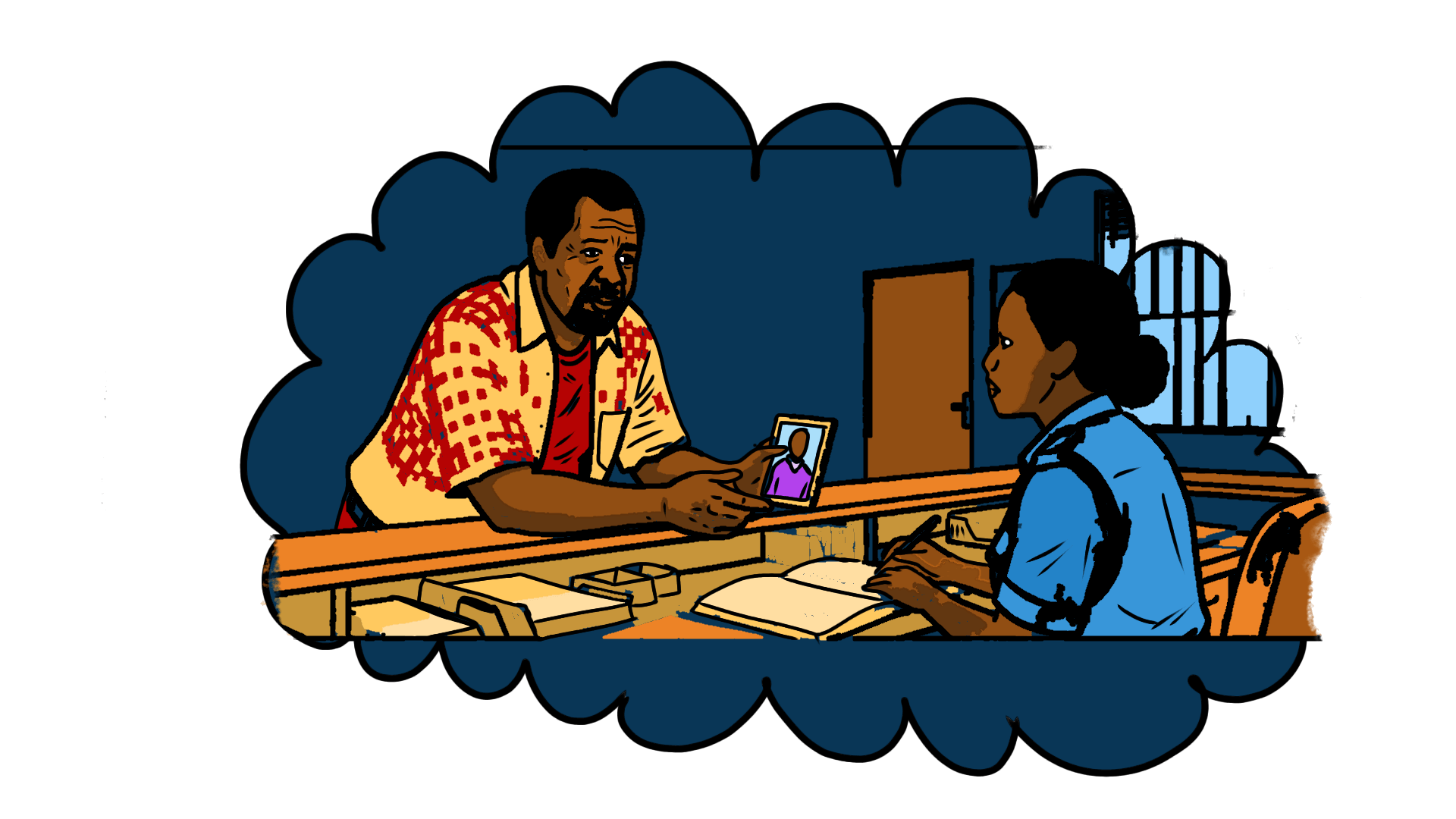 Illustration of of David at the police station talking to a police officer.