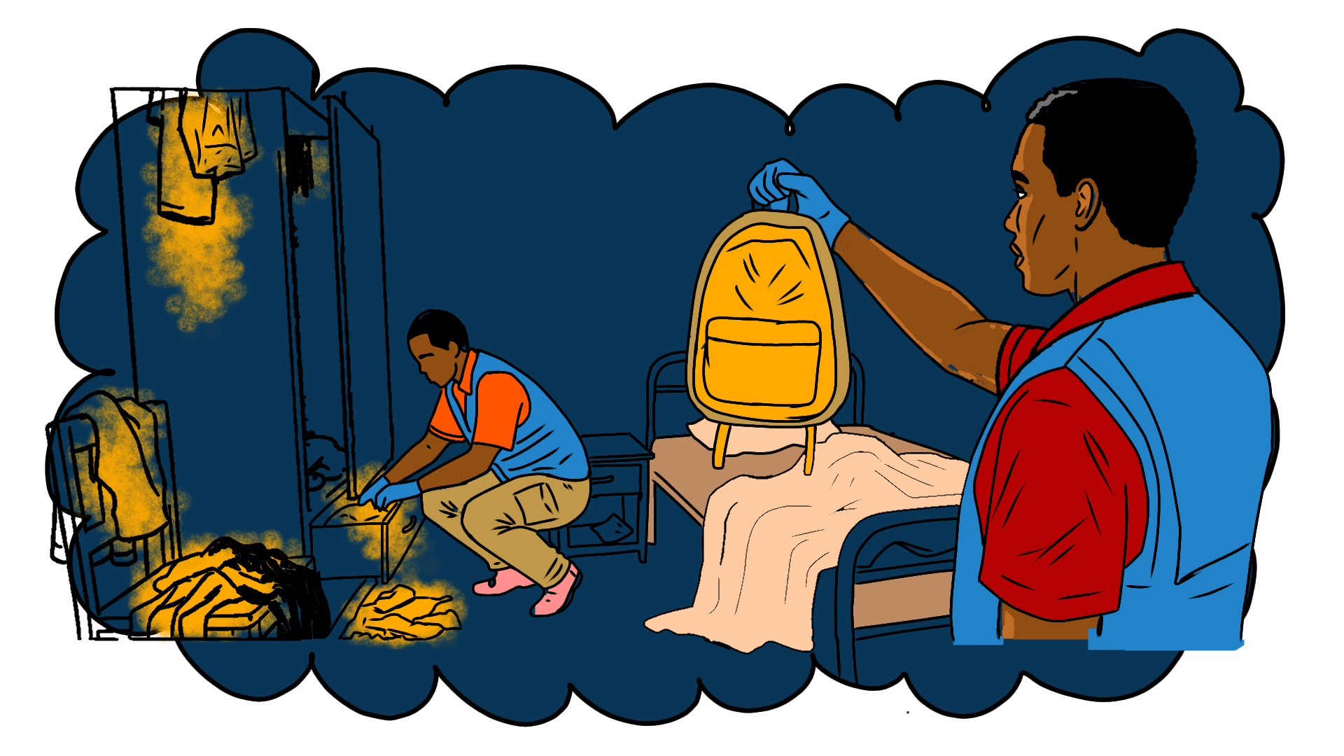 Illustration of DCI officers in a room. Some are taking photographs, others are searching for evidence in the room. One of them is emptying the books, sugar and tea leaves from a black bag onto Odinga’s bed, while saying “Ahaaa, kuna vitabu vya shule hapa. Ni za form 4. Na tablet ya Lenovo”