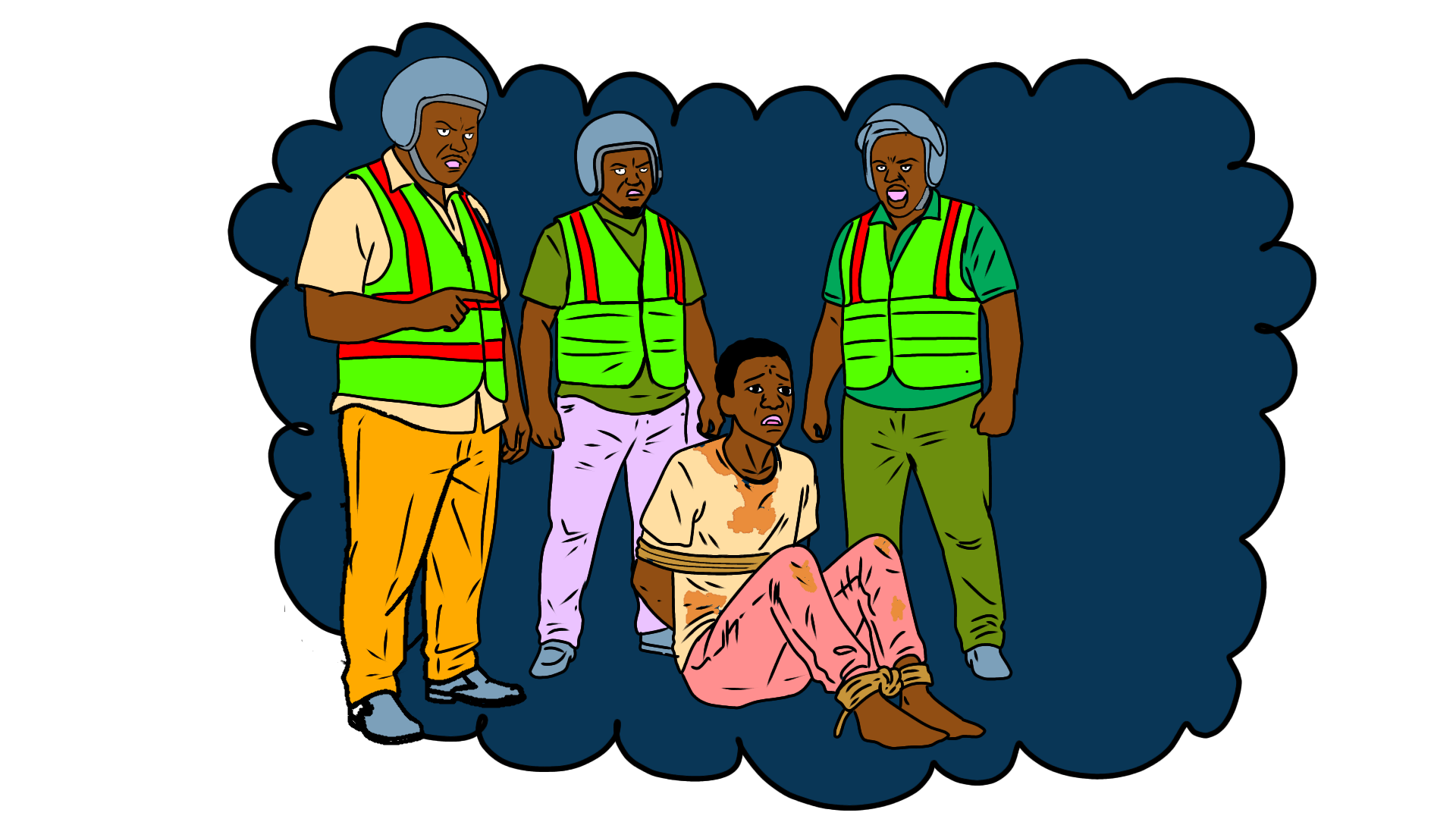Illustration of Odinga tied up by the boda boda riders they have all surrounded him and he is begging to be released.