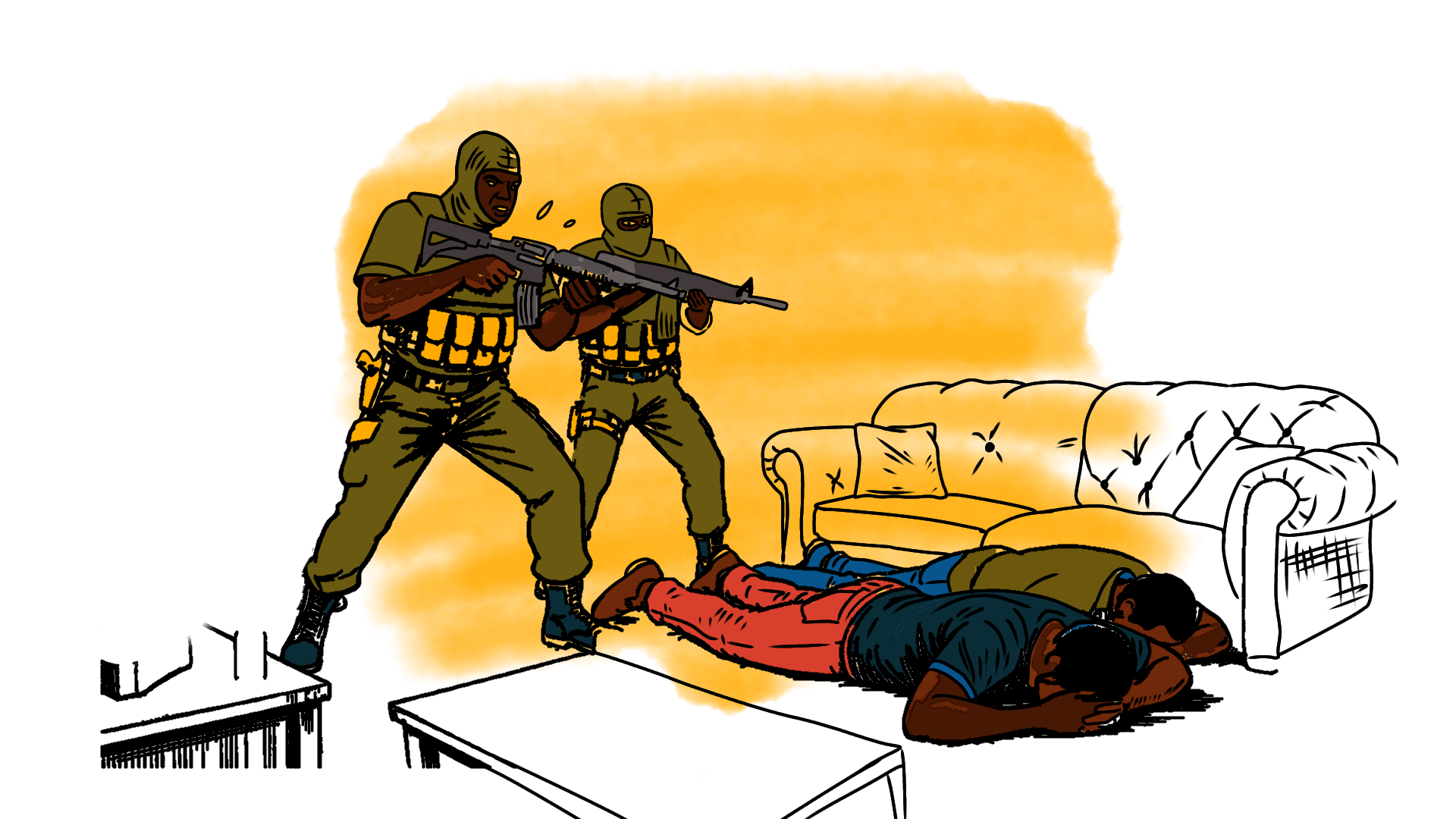 Illustration of two men lying down on the floor with two police officers in combat clothes holding gun over them.