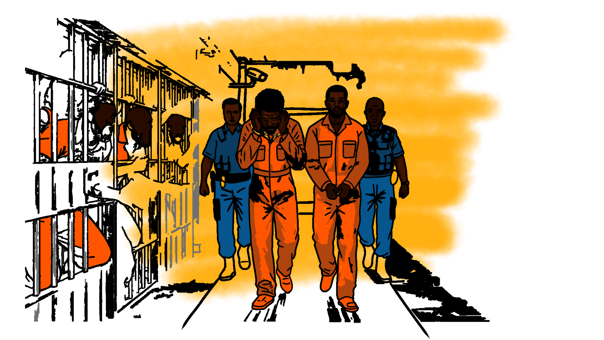 Illustration of two men in orange overalls with two poloce offices in blue escorting them to prison cells with inmates looking on.