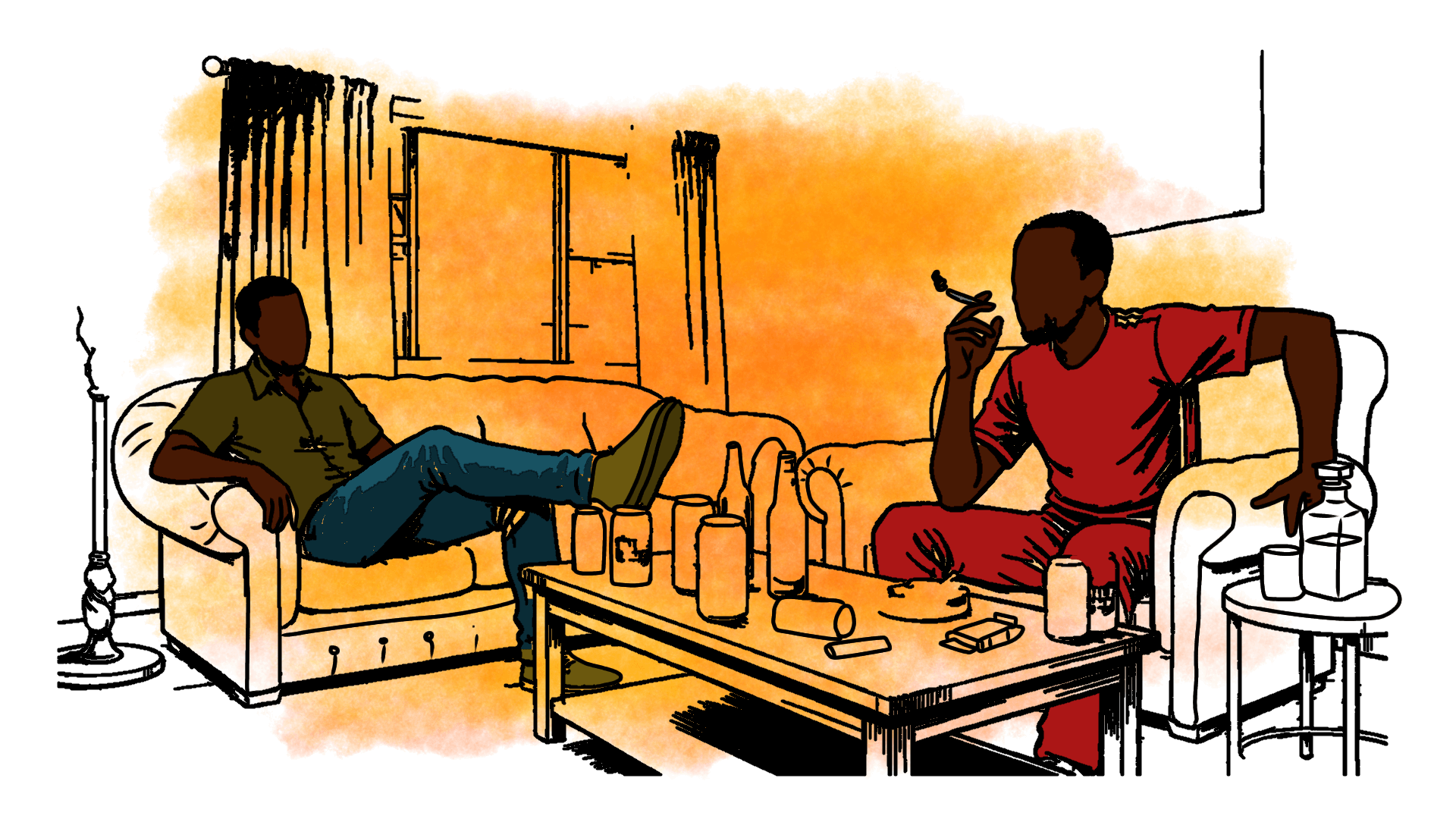 Illustration of two men seating on couches.