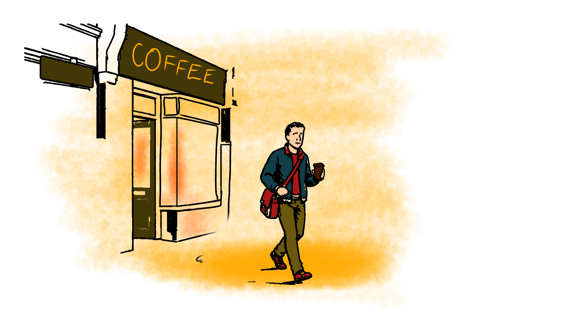 Illustration of a man leaving a coffe shop.
