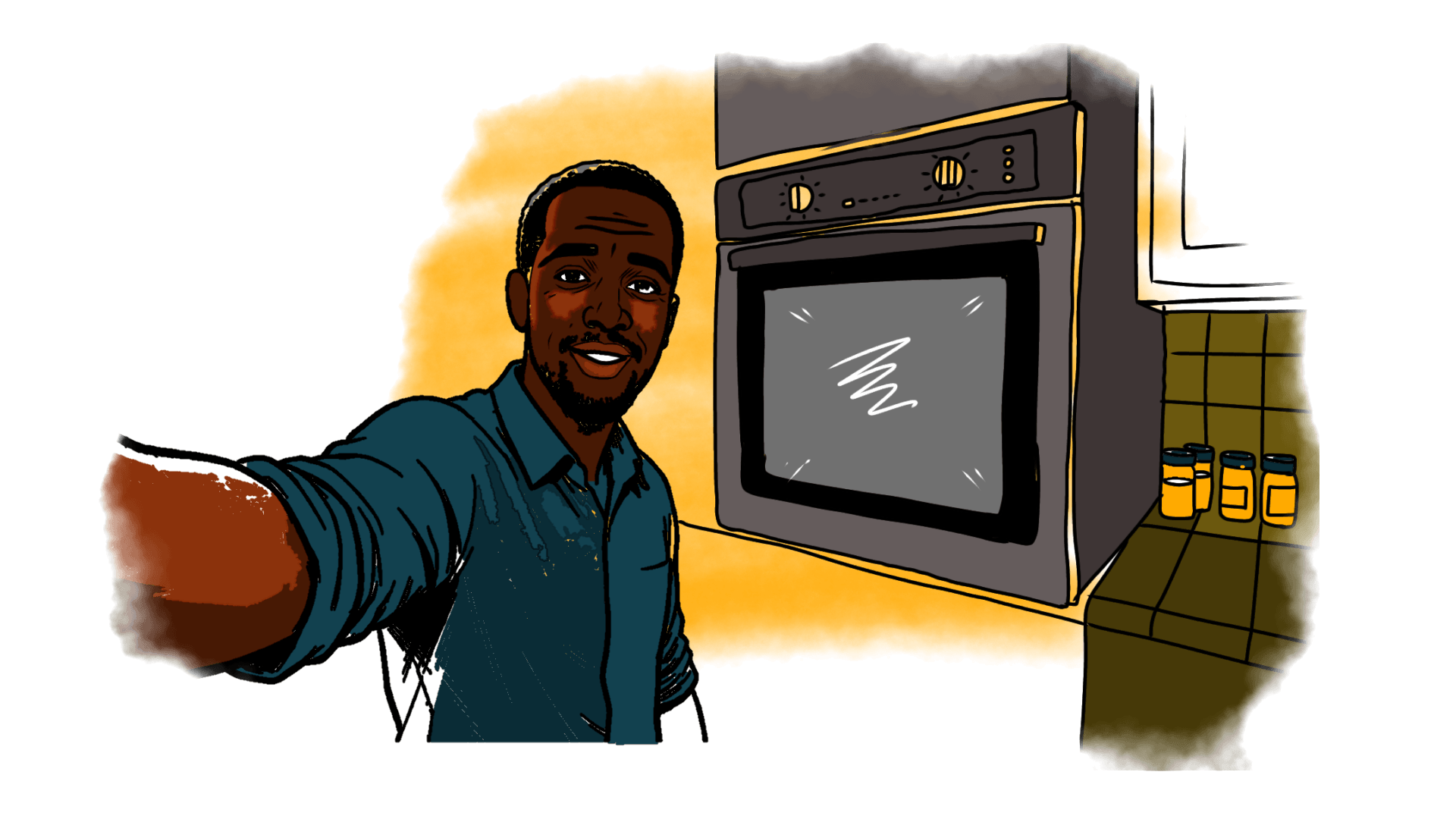 One of the men taking a selfie beside a kenyan brand oven.