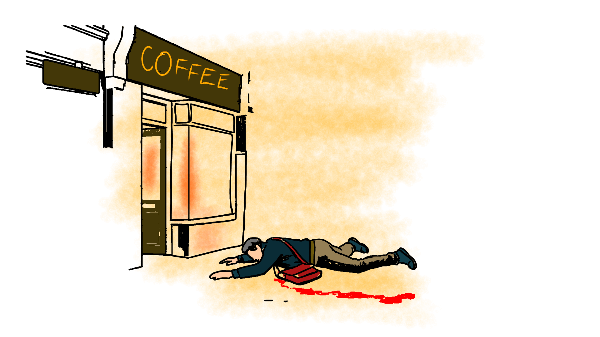 Illustration of a man lying in a pool of blood outside a coffe shop.