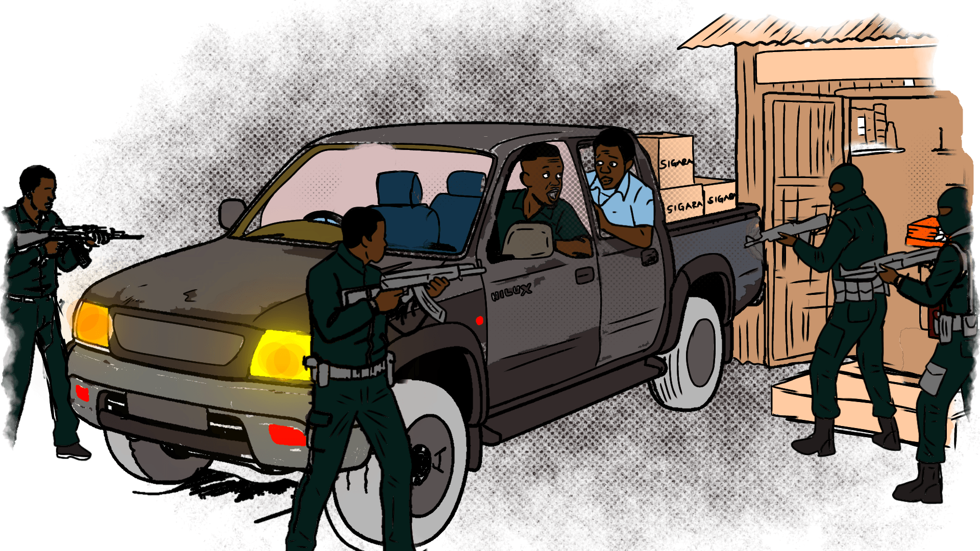 Illustration of a group of men surrounding a double cabin pickup pointing guns at the occupants