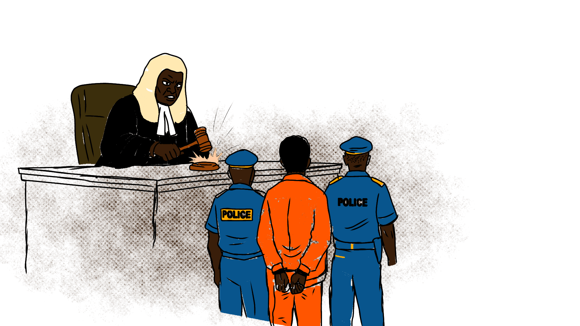 Two police officers sandwitch a man in cuffs and standing while facing a judge who bangs his gavel.