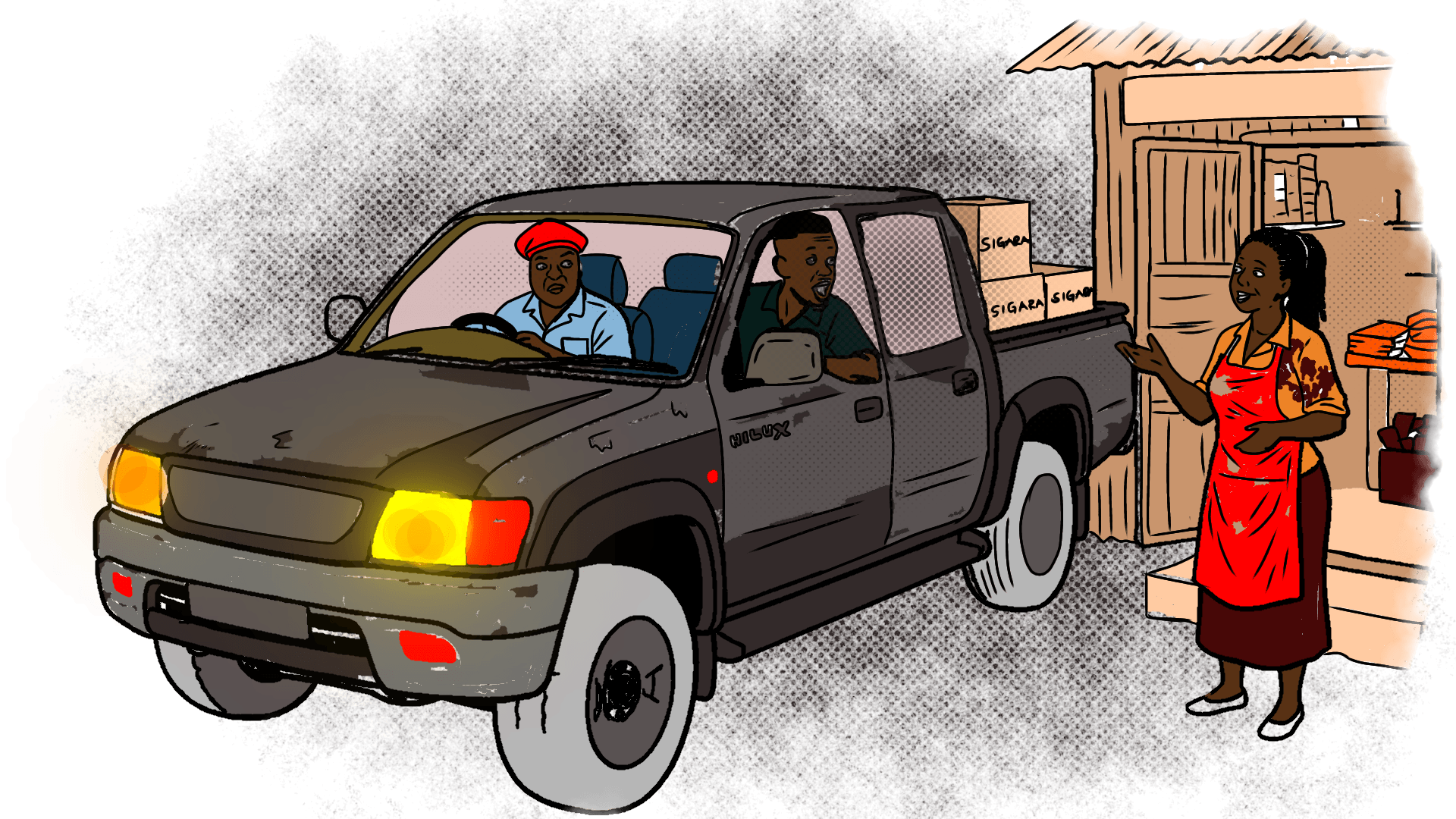 Illustration of Stephen and Moses are still inside their Toyota Hilux double cabin pick-up. Moses is hooting, Stephen is popping his head out of the window and asking Cecilia “Njaanuary sasa imeisha. Leo si unabeba stock double ya last time?”