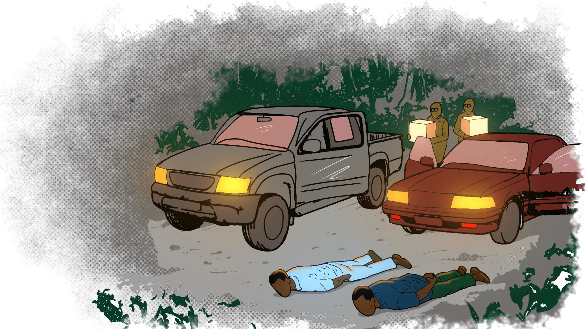 Illustration of two hooded men carrying a carton each.