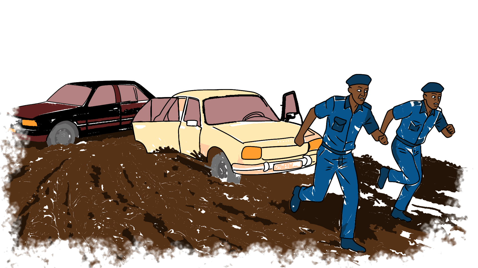 Two police officers in blue uniform running away from two stuck cars.