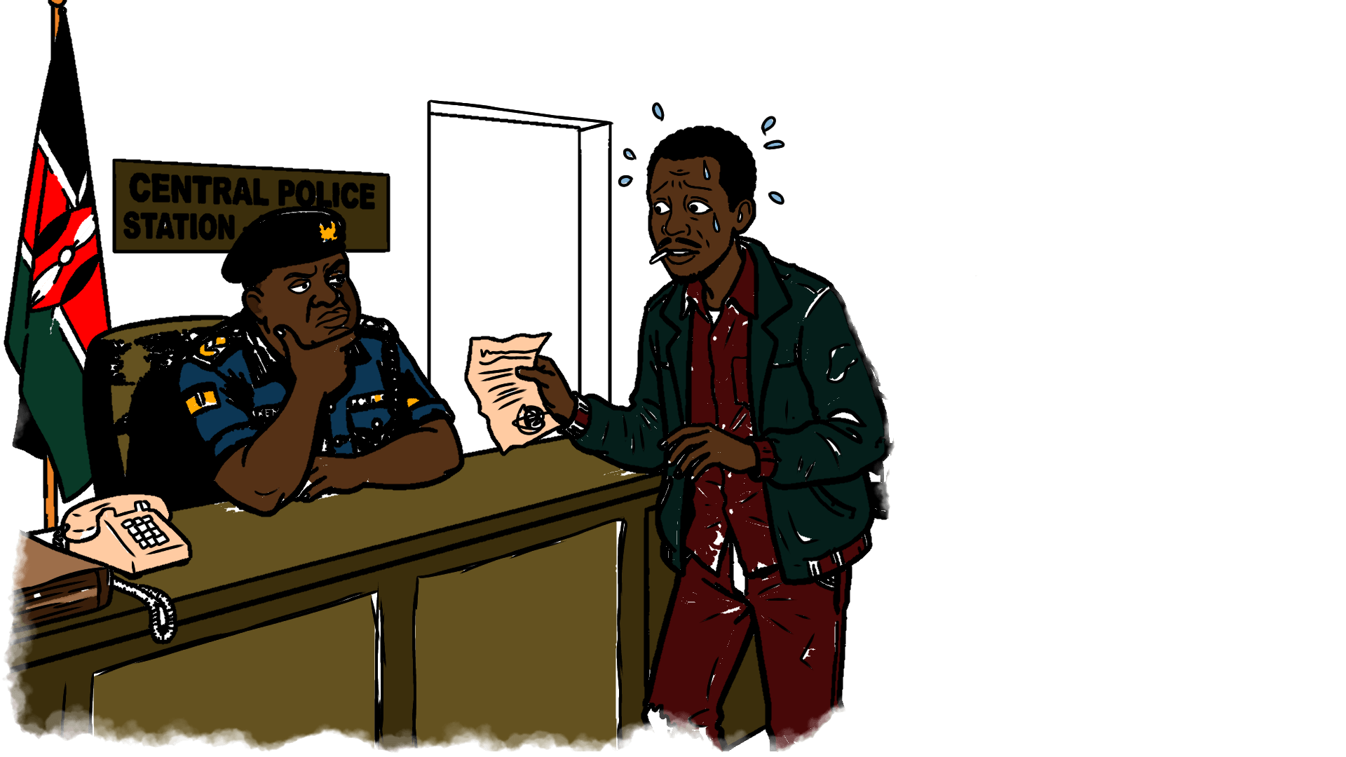Illustration of an uneasy man speaking to a police officer seated at a desk.
