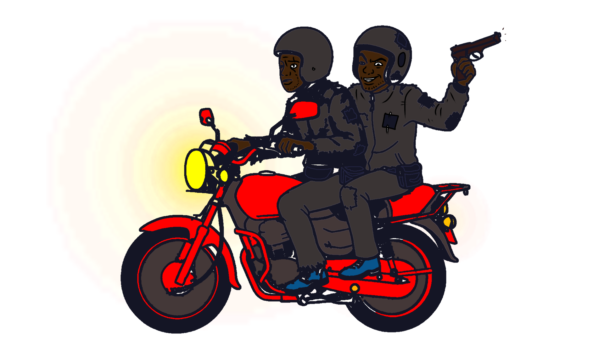 Illustration of two people on a bike the pillion is a 19 year old boy holding a pistol