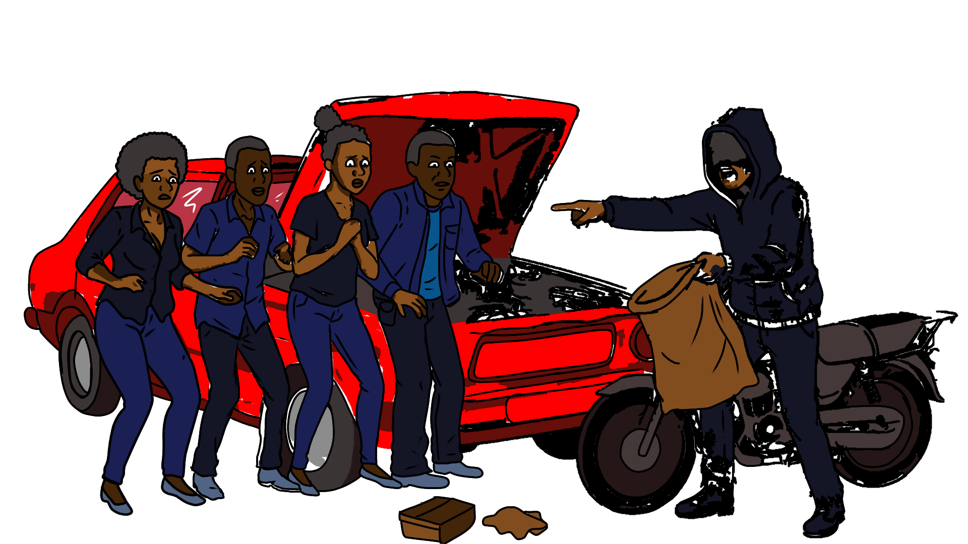 Illustration of the robber is wearing a hoodie, shouting “simu, wallet na handbag. Haraka! Hii si bonoko!” the boy jumps off the bike and holds the pistol and threatens the four