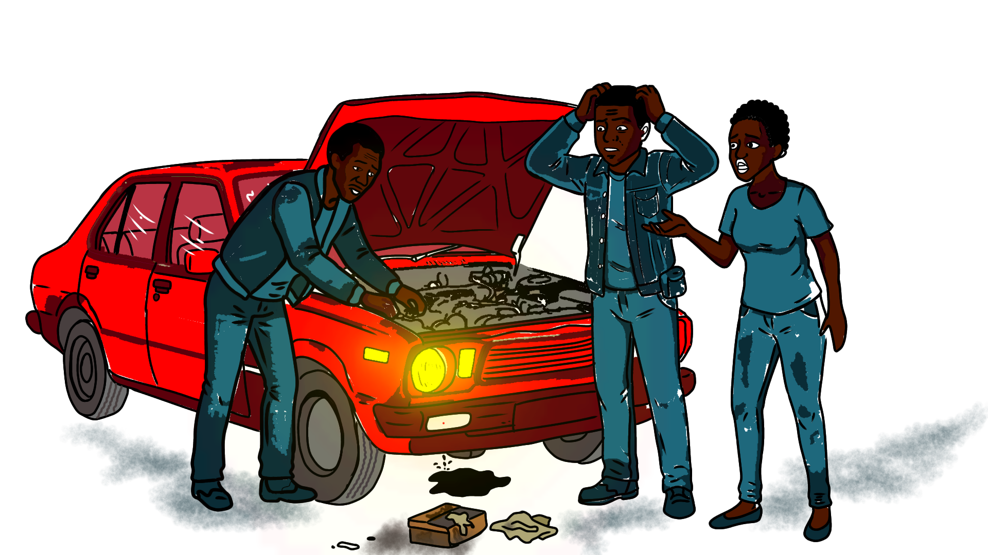 Illustration of a group of young people with one of the men is touching something inside the car bonnet while another is holding his head while . A woman is saying to the man “So the nini is not niniing in the engine?”