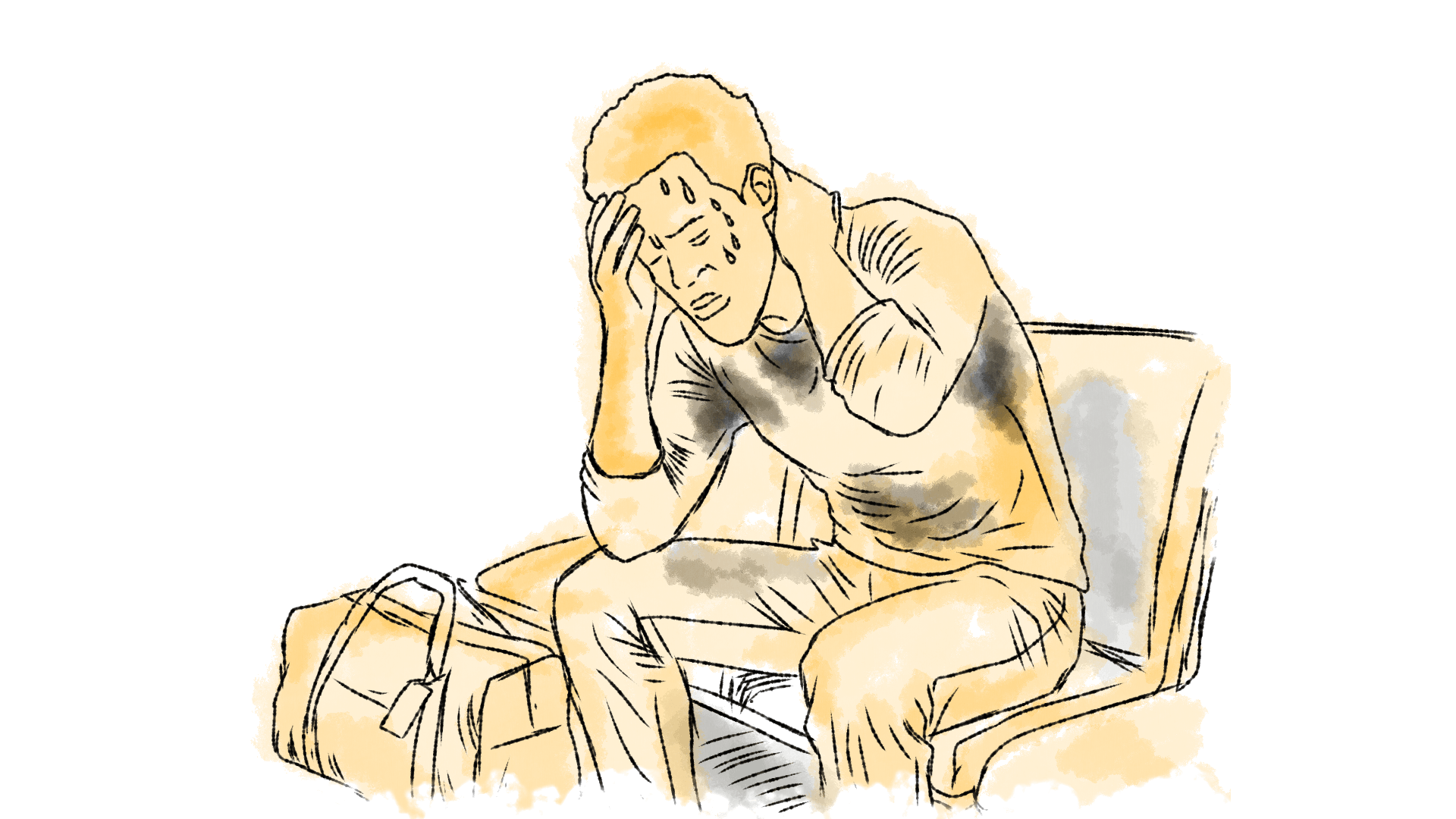Illustration of a seated man having a fever.