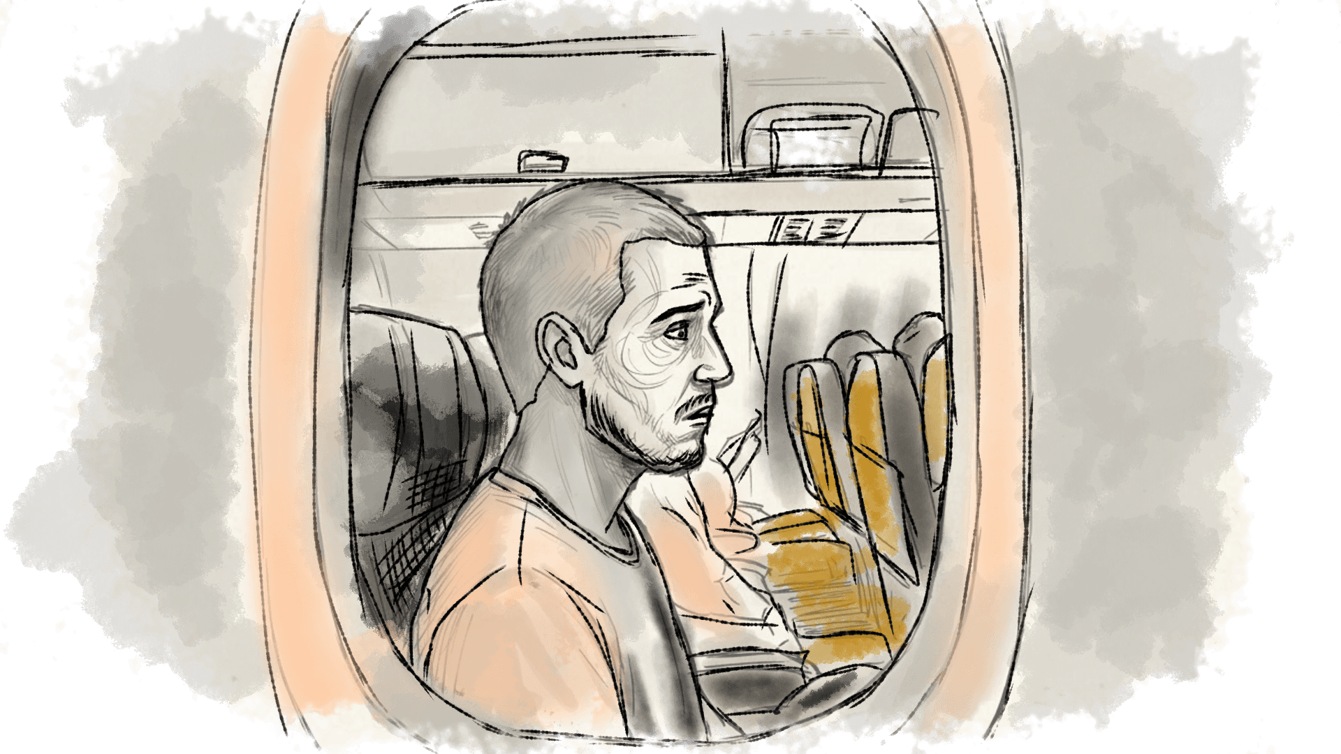 Illustration of a side profile of a man seated in a plane seen through the window.