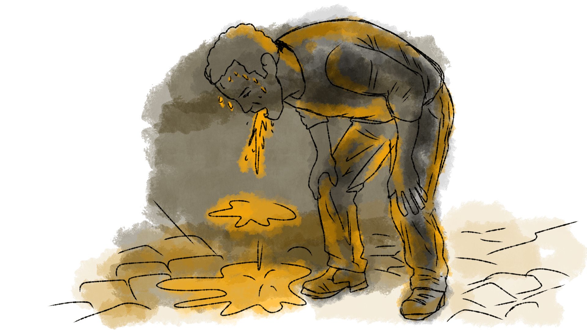 Illustration of a man bent over and displaying signs of body weakness, sweating and vomiting.