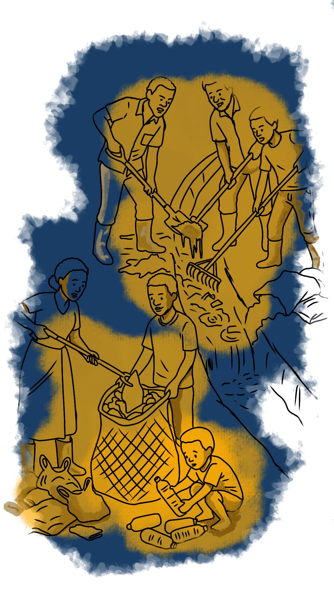 Illustration of a group of residents clearing drainage in their neighbourhood as others collect plastic bags and bottles.