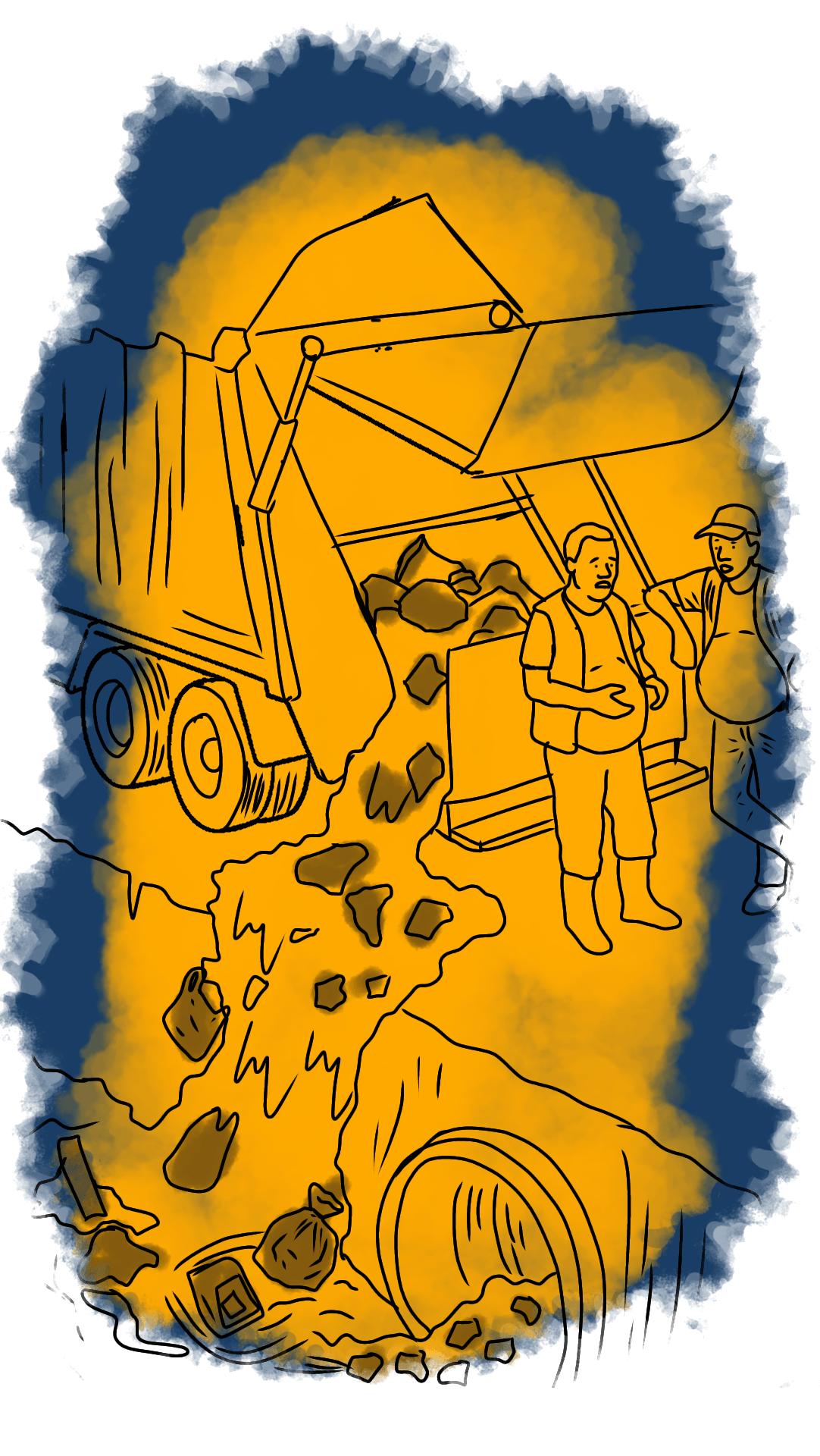 Illustration of a garbage truck offloading waste, some of which is falling into stormwater drainage. The operators are saying “Fanyeni haraka twende, watu wa Nema wako na operation huku leo”. 