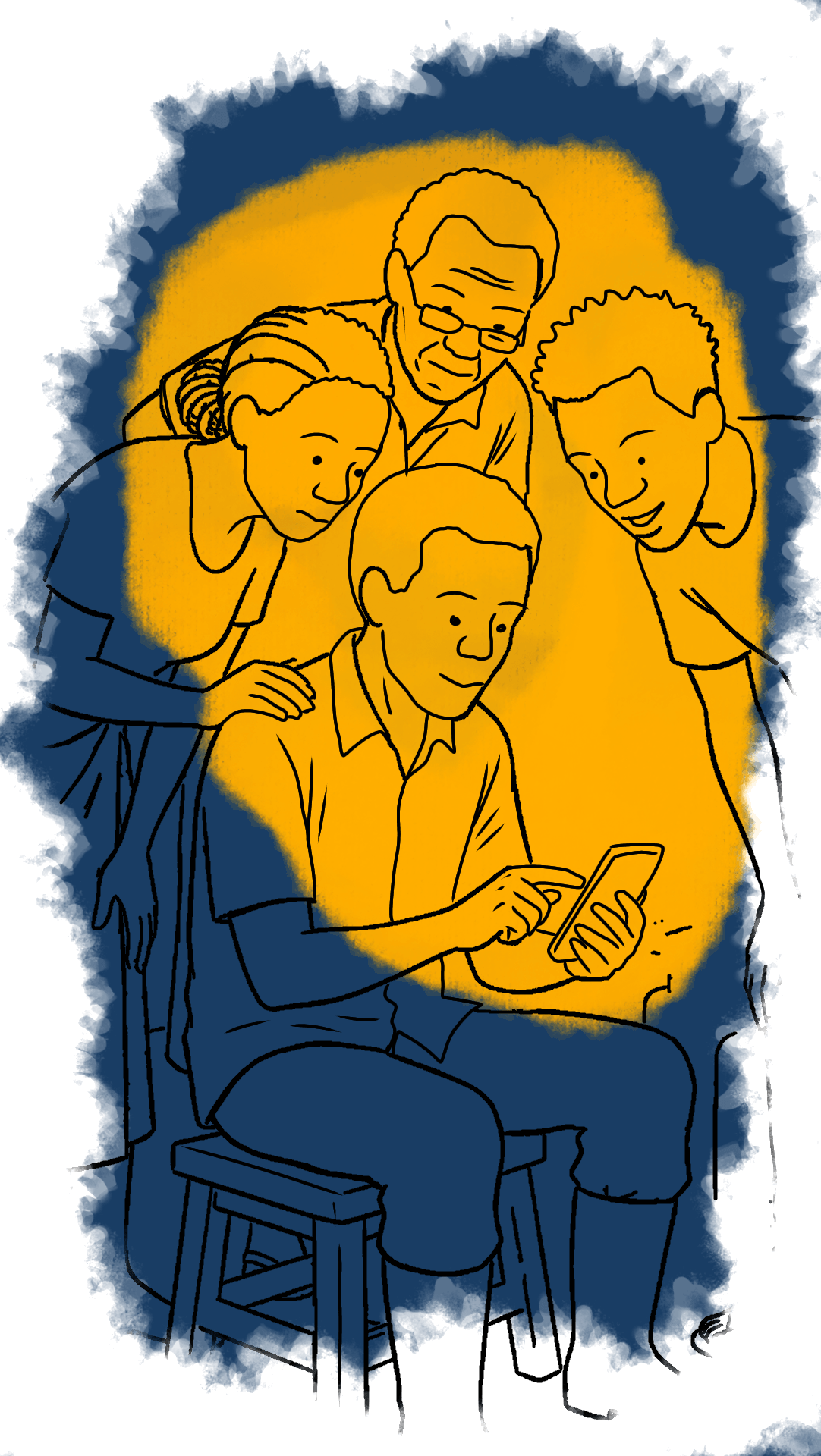 Illustration of a group of people surrounding one person who is operating a smartphone. A dialogue box shows two of the individuals saying “add us to the WhatsApp group please.”