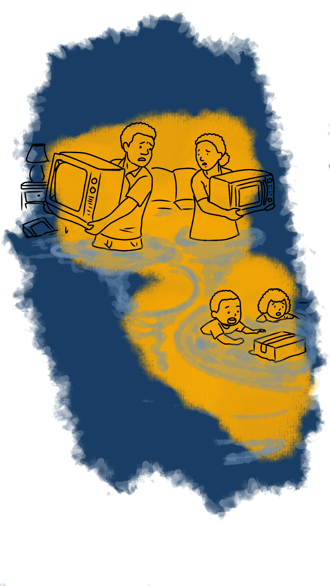 An illustration of a family inside their home. The father is carrying a TV set with water rising above his waist. The mother is carrying a microwave, water also above her waist. Two children are swimming past their parents.