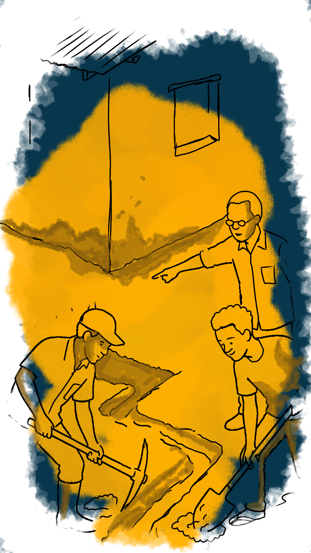 Illustration of a group of workers digging small trenches to guide water away from a house in a solo compound. The homeowner is pointing at one spot and telling the workers “that is where the water entered through last time, give it more attention”.