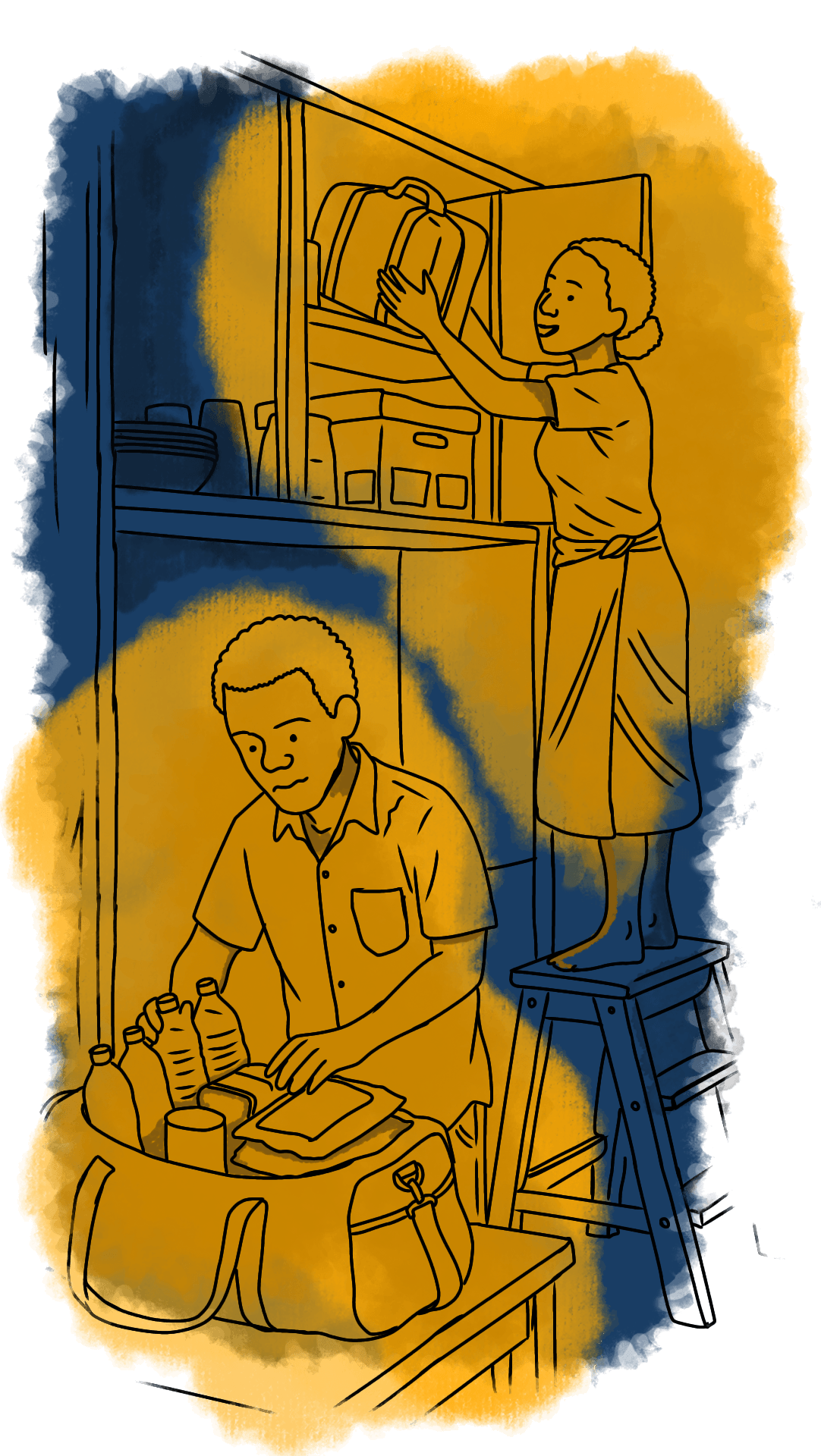 Illustration of an individual on a stool storing a plastic bag in a cupboard. A dialogue box stating “I have my passport, certificates and other documents safe in that plastic bag”. In the same room, another individual is packing some drinking water and dry food in a bag saying “This should last a few days in the event of emergency”.
