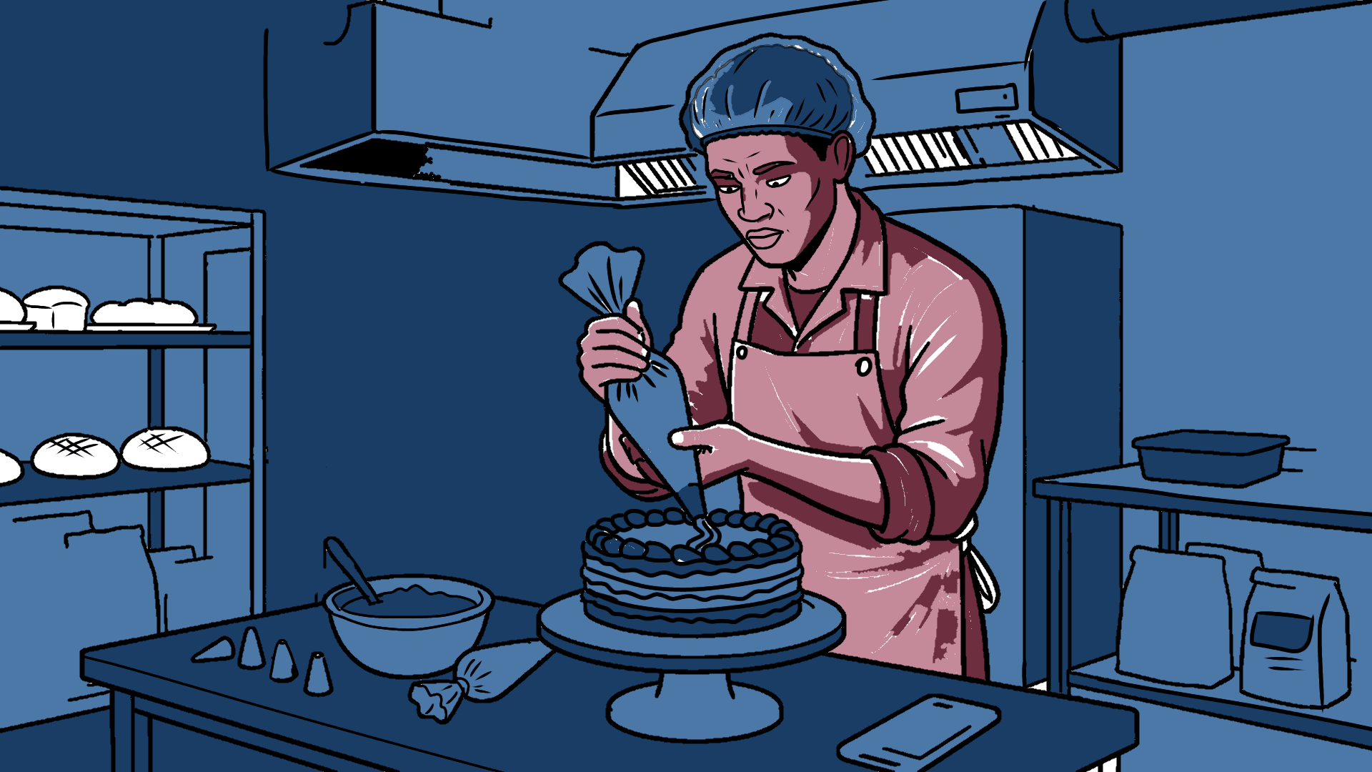 A male bakery worker laying the cream on a cake with a dialogue box popping out of his apron