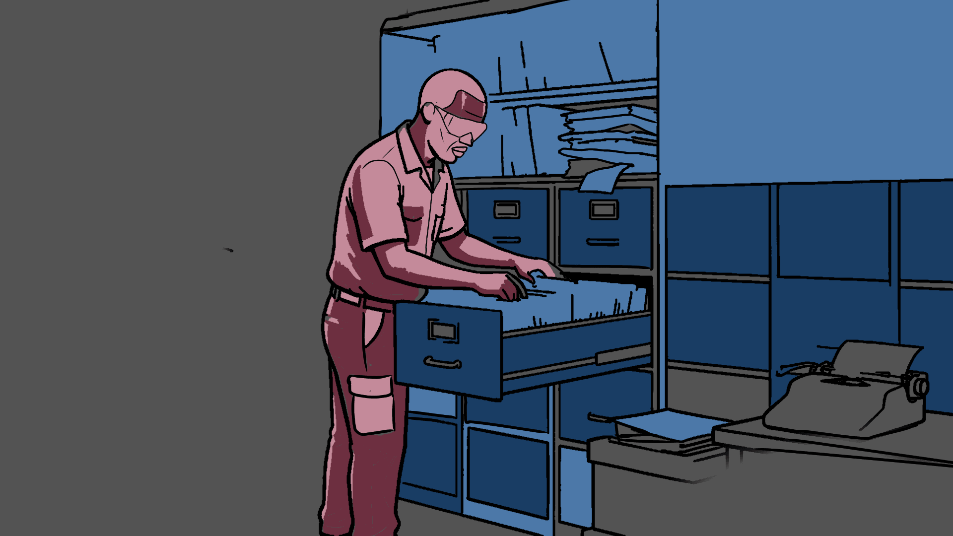 A clerk in a registry looking for files in a large cabinet.