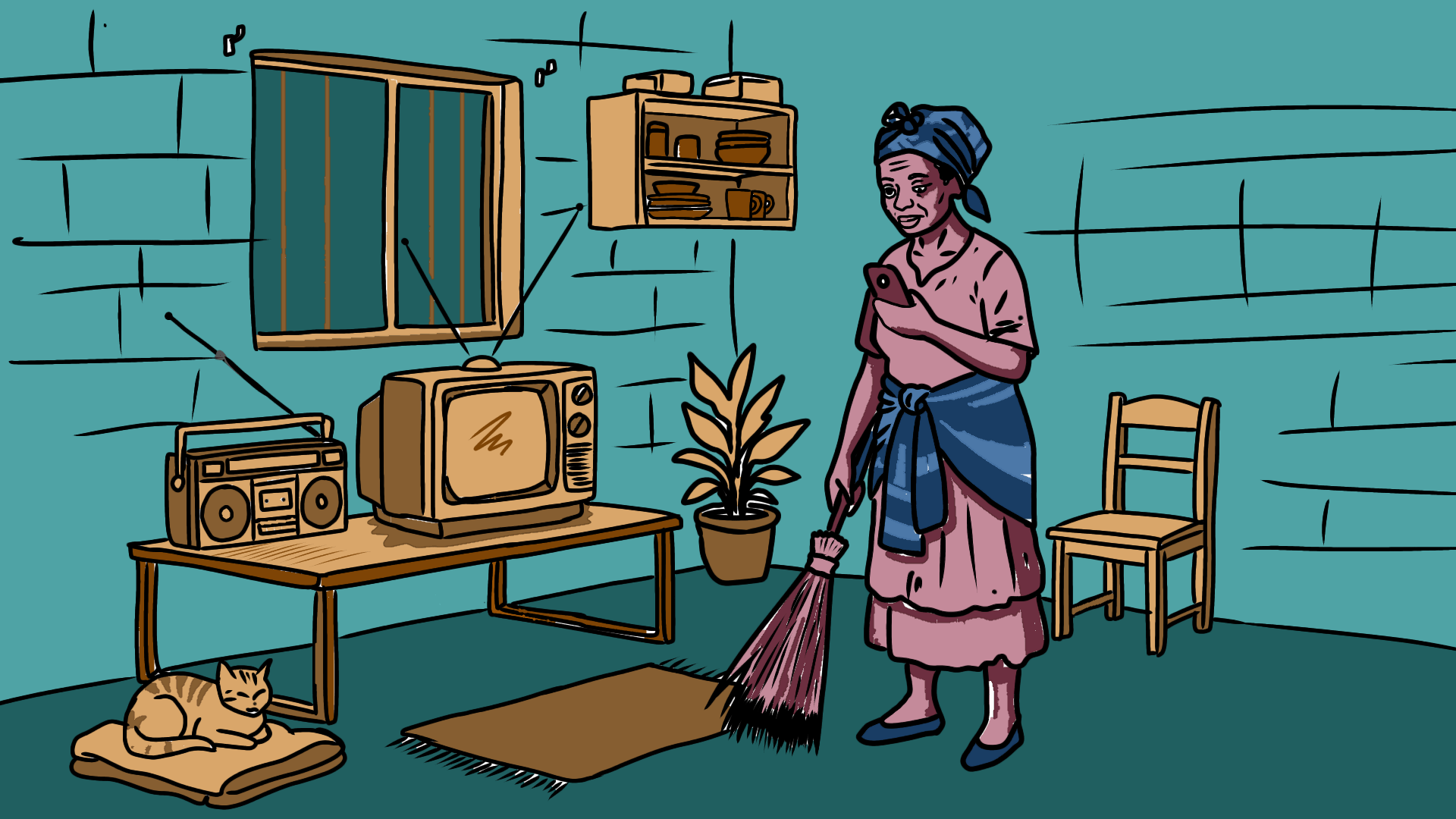 Shop owner with a ledger book and shelves