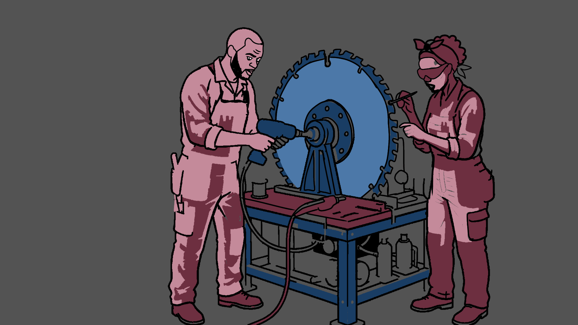 A man and a woman in overalls repairing huge round saw blades.