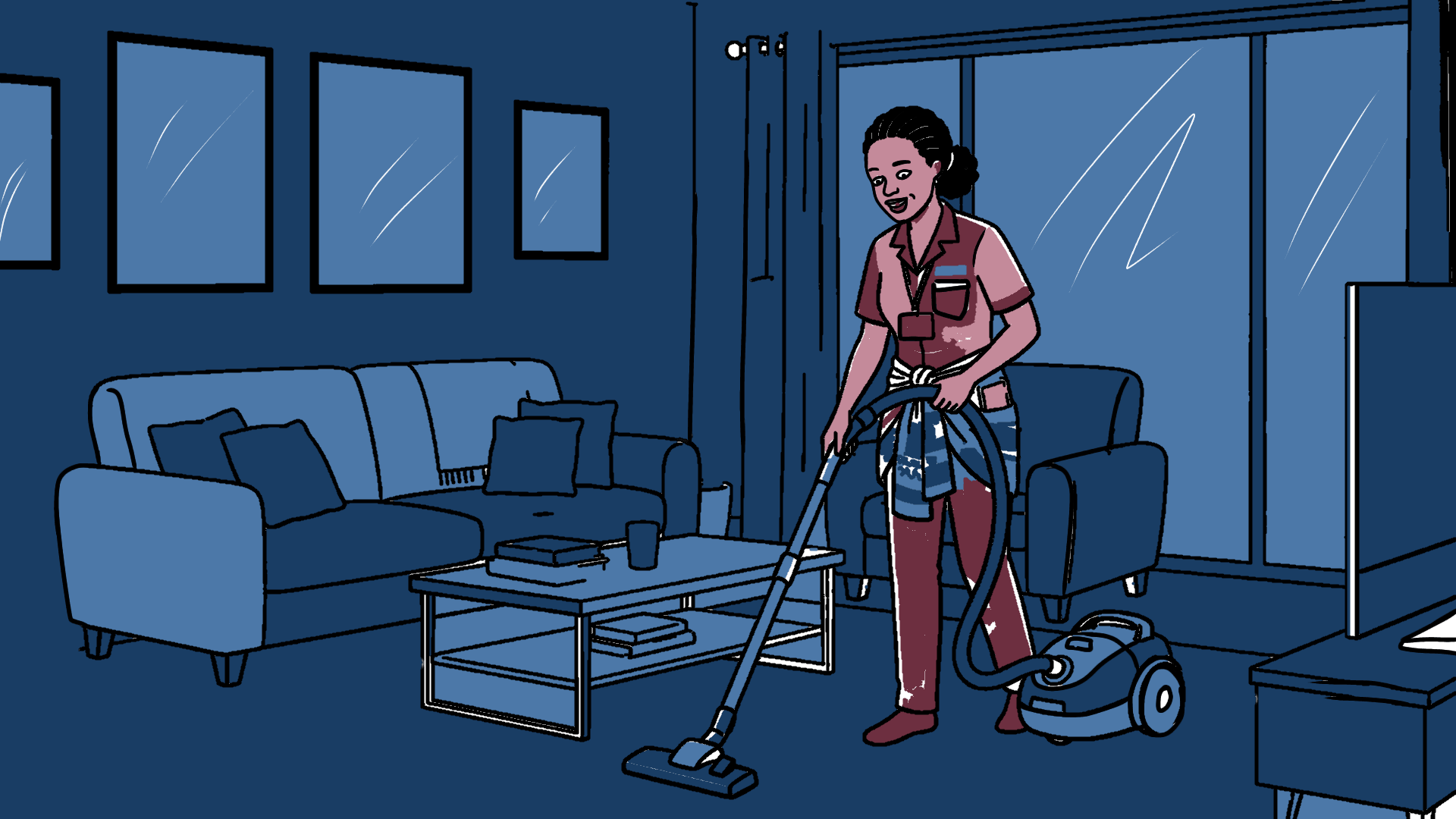 A house help vacuuming the carpet in a modern apartment with a big TV.