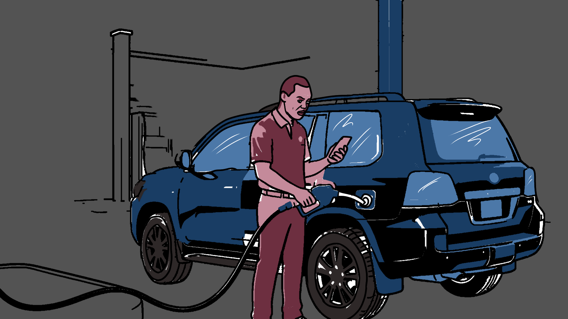 A petrol station attendant pumping fuel into a big SUV.