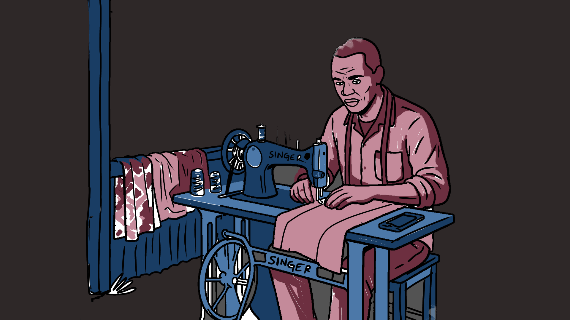 A male bakery worker laying the cream on a cake with a dialogue box popping out of his apron