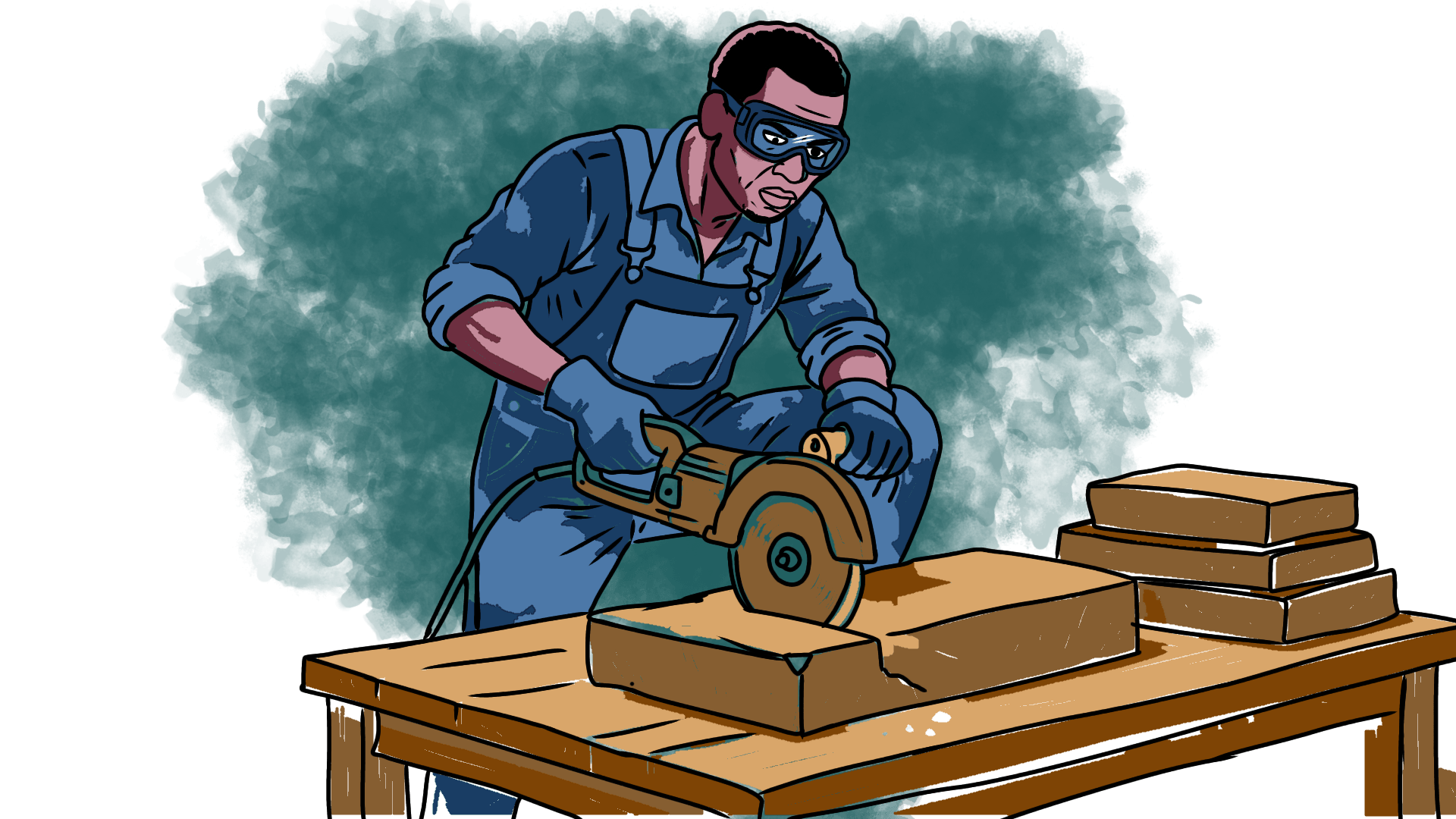 A male stone cutter using an electric saw to cut stones